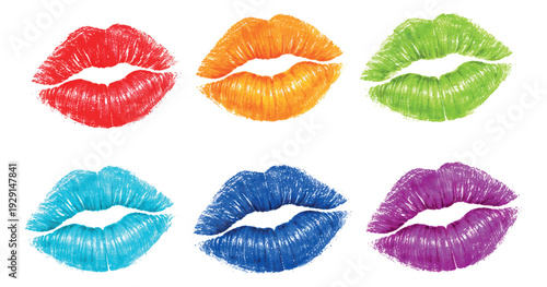 Realistic lipstick kiss prints set featuring vibrant lip marks in diverse colors for beauty and romance designs
