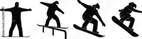 Snowboarder silhouettes in action set, extreme winter sports jumping and riding sequence, alpine athlete figures, cad drawing flat vector illustration, mountain outdoor activity