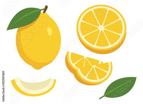 Modern flat illustration lemon set featuring whole fruit, slices, and a leaf for healthy food and drink designs