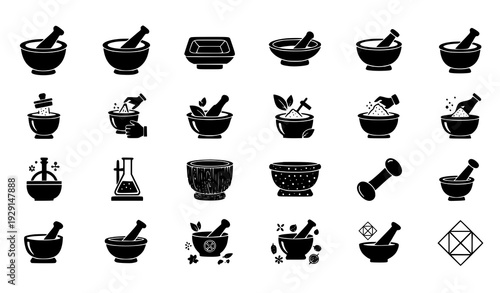 Mortar and Pestle Vector Icon Set for Pharmacy, Herbal, and Culinary Design