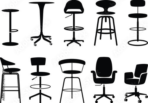 Bar stool and office chair silhouettes set, modern furniture vector collection isolated on white background
