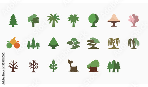 Minimal Flat Tree Icon Collection with Woodland, Jungle, and Decorative Elements