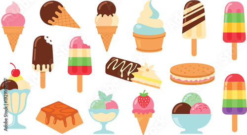 Assorted Ice Cream and Popsicle Vector Set with Chocolate, Rainbow Bars, Sundae Cups and Colorful Frozen Desserts