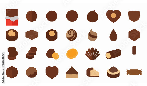 Flat Assorted Chocolate Vector Icons Collection for Candy, Dessert, and Bakery Design