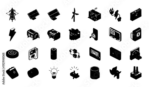 Modern Power Isometric Vector Icons Collection for Energy, Electricity, and Tech