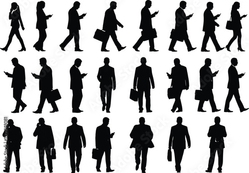 Professional business people silhouettes, corporate office workers standing, men and women black flat vector.