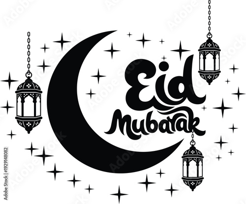 Eid Mubarak Greeting Design with Crescent Moon, Hanging Lanterns, and Stars - Black Silhouette Vector