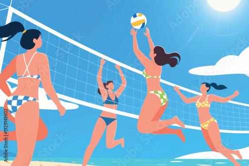 Cartoon illustration of beach volleyball game with four players in swimsuits on sandy shore, one jumping to spike ball while opponent blocks, sunny tropical setting highlighting teamwork and recreatio