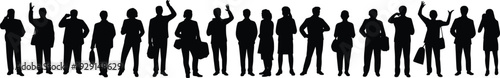 WebPeople silhouettes standing, diverse group, casual and business clothing, human stances, body language, social interaction, unity, vector illustration, black silhouette, isolated