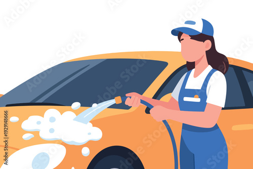 Cartoon illustration of worker washing yellow car with hose spraying water and soap suds, bright garage setting highlighting automotive care, cleanliness, and everyday vehicle maintenance.
