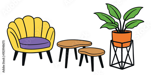 Hand drawn line art living room furniture set featuring a scallop armchair, nesting coffee tables, and a houseplant for modern home interior