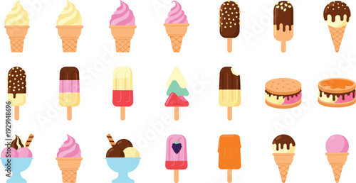 Colorful Ice Cream and Popsicle Vector Collection with Chocolate Dipped Bars, Sundaes and Assorted Frozen Dessert Cones
