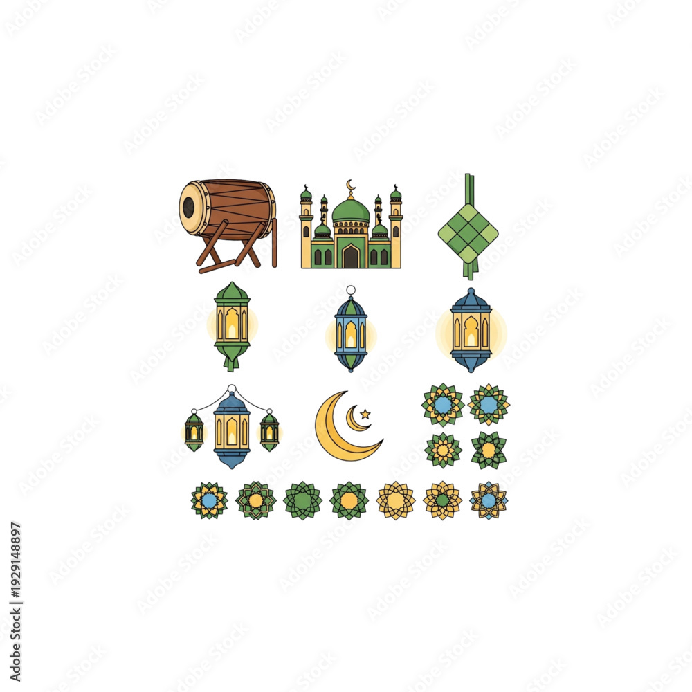 Naklejka premium Vibrant Islamic celebration elements with mosque, lanterns, and traditional decorations