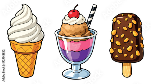 Cartoon style ice cream set featuring a soft serve cone, sundae, and chocolate bar for sweet summer desserts