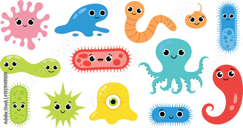 Cute Cartoon Microorganisms Vector Set with Funny Bacteria, Germs, Virus, Worm, and Octopus Characters for Kids Education and Medical Illustration.
