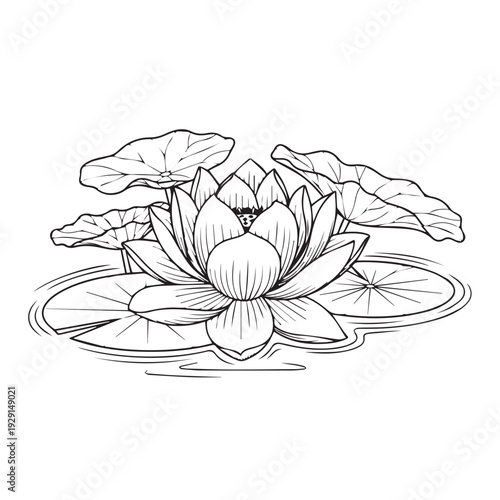 Black and white line art sketch of a beautiful lotus flower surrounded by water lily pads, evoking tranquility and purity.