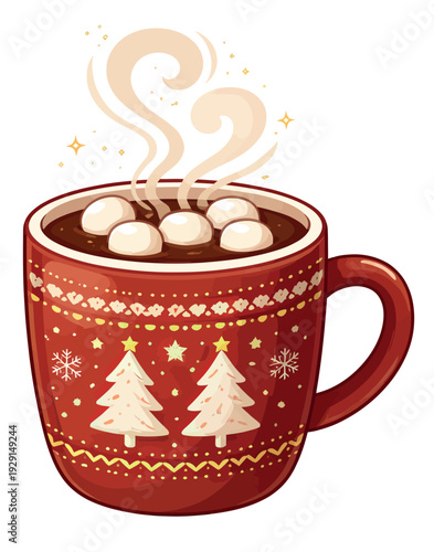 Festive illustration of a hot cocoa mug depicting steam and marshmallows for winter and holiday designs