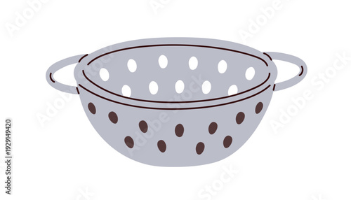 Colander, kitchen utensil. Strainer, perforated metal bowl with handles and draining holes. Household cookware, kitchenware tool for washing. Flat vector illustration isolated on white background