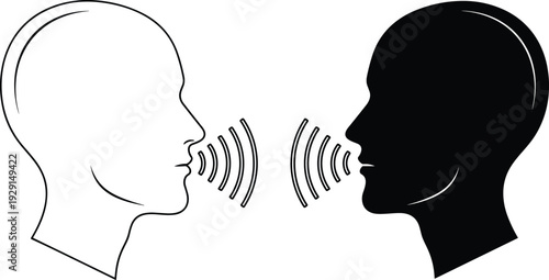 Two human heads in profile facing each other talking, speech therapy and communication concept, audio sound waves, cad drawing flat vector illustration, dialogue icon