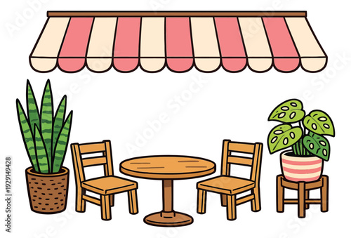 Hand drawn cafe set featuring an awning, table, chairs, and potted plants for outdoor dining