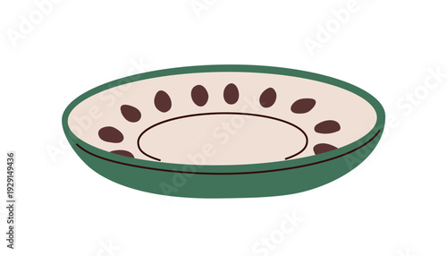 Bowl dish. Empty ceramic plate with abstract pattern. Modern round dinnerware, dining tableware for serving food. Kitchen dishware. Flat vector illustration isolated on white background