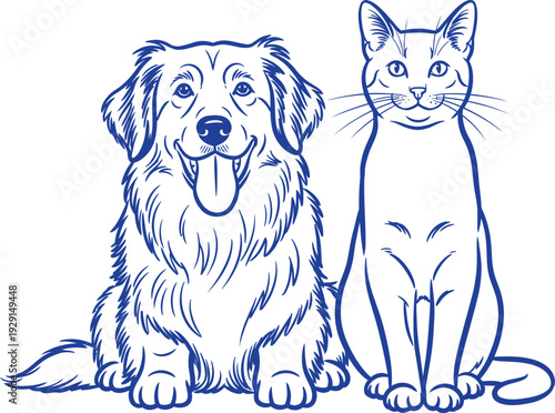 Friendly dog and cat sitting side by side