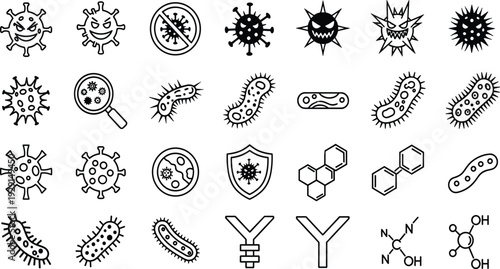 Virus and Bacteria Line Icon Vector Set with Microbes, Magnifier, Shield Protection, Antibody, and Molecular Structure for Medical Microbiology Design.