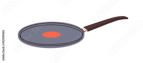 Frying pan, cooking utensil for crepe. Kitchen cookware, empty frypan with handle and red indicator, nonstick coating. Stovetop cook appliance. Flat vector illustration isolated on white background