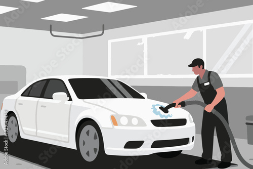 Cartoon illustration of worker cleaning hood of white car with hose or vacuum tool inside bright garage, professional detailing scene highlighting automotive care, cleanliness, and maintenance.