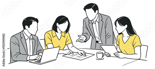 Hand drawn line art illustration of business professionals depicting a team meeting for collaboration