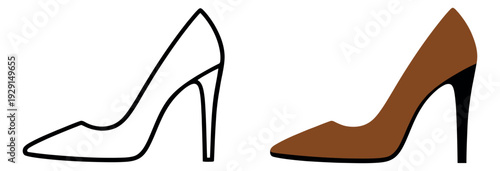 Hand drawn high heel shoe set featuring outline and solid color versions for fashion and elegance