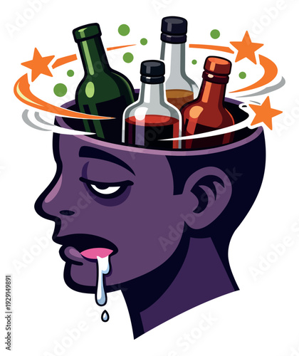 Graphic illustration of a person's head depicting severe alcohol intoxication for health awareness