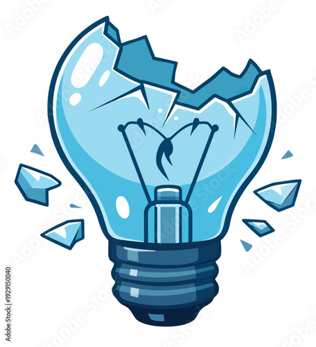 Cartoon illustration of a lightbulb depicting a broken state for concepts of failure and innovation challenges