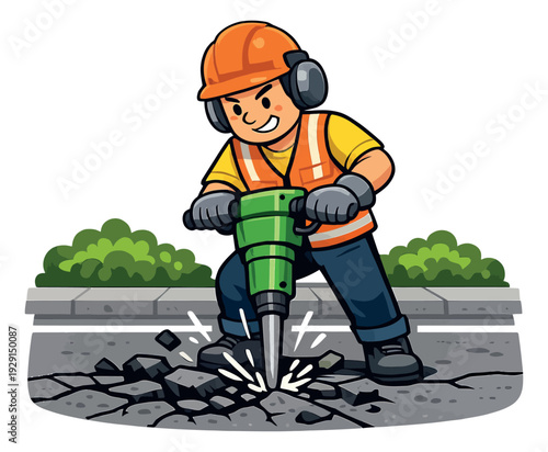 Cartoon graphic illustration of a construction worker depicting him using a jackhammer for infrastructure work