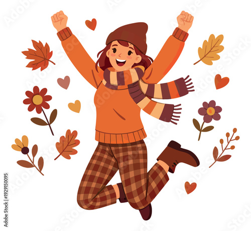 Flat illustration of a happy woman depicting joyful jumping with autumn elements for fall celebration