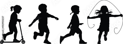 Children playing silhouettes set, kids running scooter and jumping rope isolated on white background vector illustration