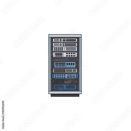 Computer Server Rack with Network Equipment and Cables