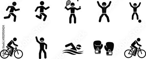 Various sports activity silhouettes set, athlete figures running cycling swimming playing tennis and soccer, cad drawing flat vector illustration, healthy lifestyle and fitness icons