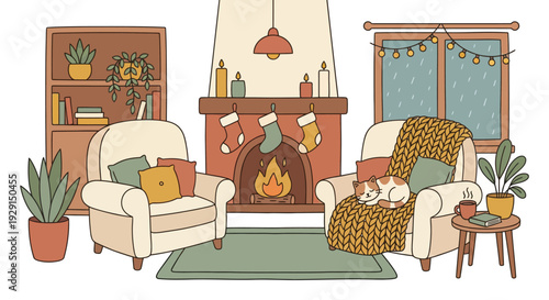 Cozy winter living room interior with fireplace and sleeping cat illustration