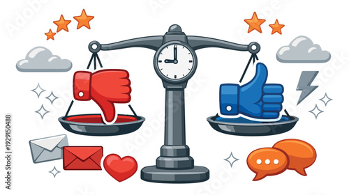 Modern graphic illustration of a balance scale depicting a comparison of likes and dislikes for social media and customer feedback