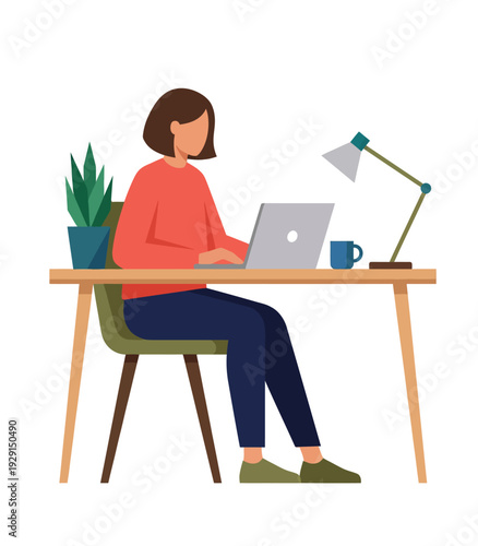 Female freelancer working on a laptop at a workspace illustration