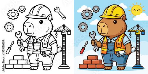 Cute Capybara Construction Worker Coloring Book Page for Children Vector Illustration