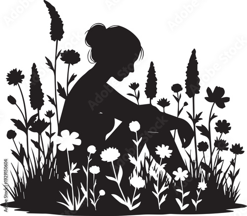 Silhouette woman sitting in meadow with flowers, contemplative mood, vector illustration