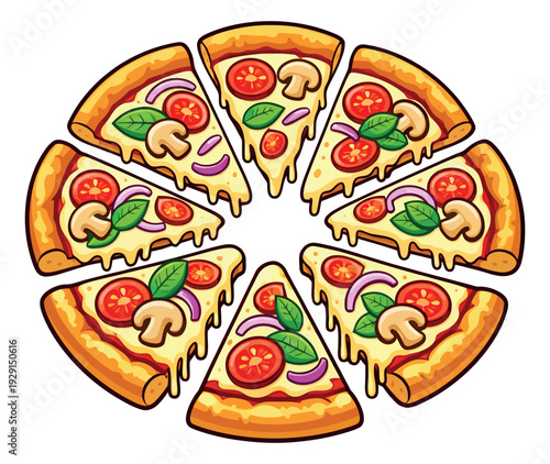 Hand drawn pizza slices set featuring melted cheese, tomatoes, mushrooms, onions and basil for a restaurant menu