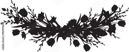 Spring floral elements silhouette vector illustration, horizontal flower arrangement line art