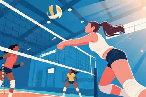 Cartoon illustration of indoor volleyball game, player in white top and navy shorts performing forearm pass, ball mid air above net, opposing team in orange and yellow uniforms, bright gym atmosphere.