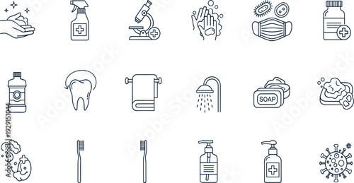 Hygiene and Healthcare Line Icon Vector Set with Hand Wash, Toothbrush, Soap, Sanitizer, Mask, Shower, and Medical Cleaning Supplies.