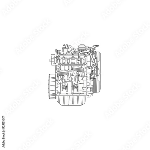 Isolated Line Art Drawing of a V8 Engine on White Background