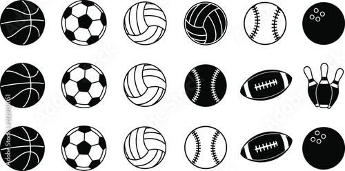 Various sports balls silhouette set, basketball soccer volleyball baseball rugby and bowling icons collection, cad drawing flat vector illustration, athletic equipment isolated elements