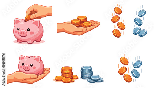 Cartoon style financial icons set featuring piggy banks, hands holding coins, and falling coins for saving and banking concepts